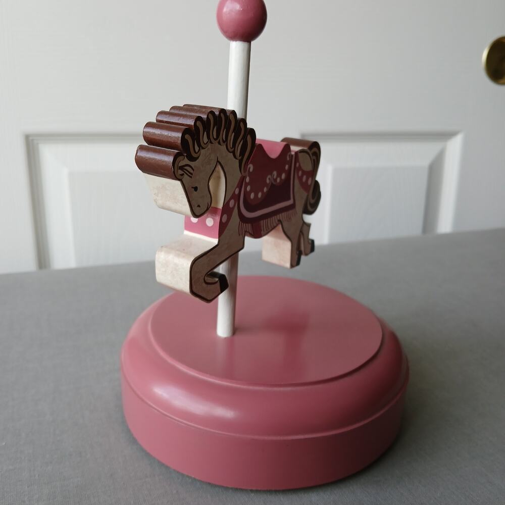Vintage Handmade Wooden Carousel Horse Music Box pink "Dancer" 5"diameter 7.5"H - Picture 4 of 10